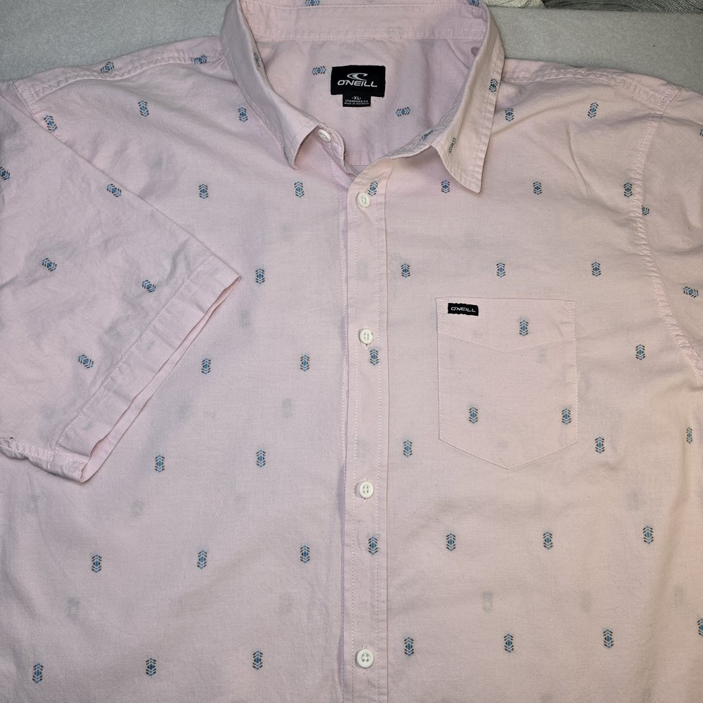 O'Neill Men XL Pink Kayce Short Sleeve Woven Shirt Stretch Dobby Button Up‎ Logo